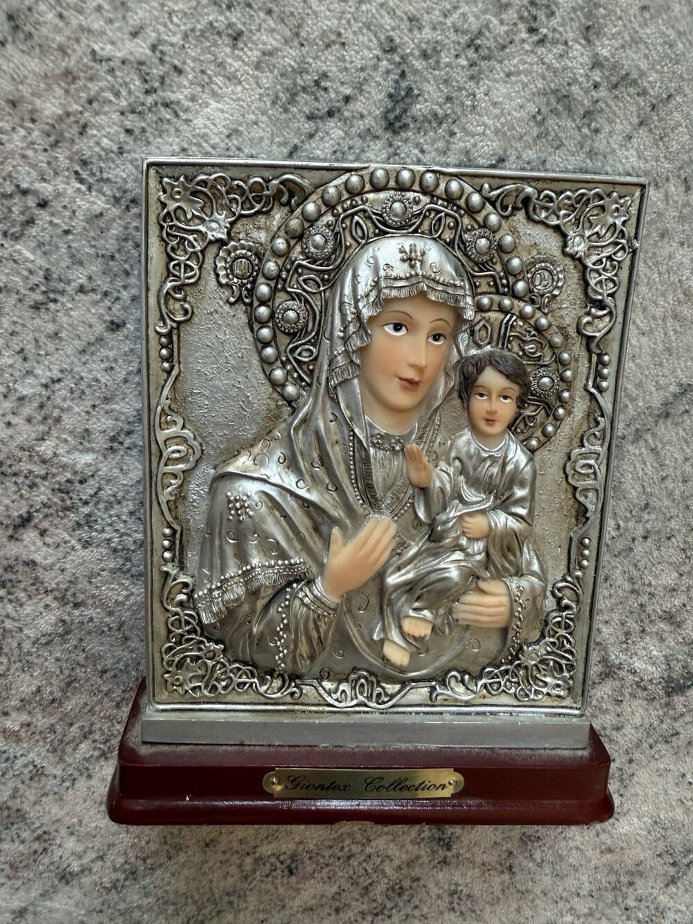 Vintage Giontex Greek Orthodox Silver Icon Virgin Mary Amolyntos